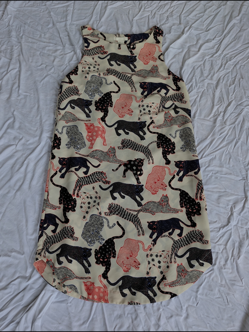 H&M Cream Dress with Navy and Coral Wildcat Print